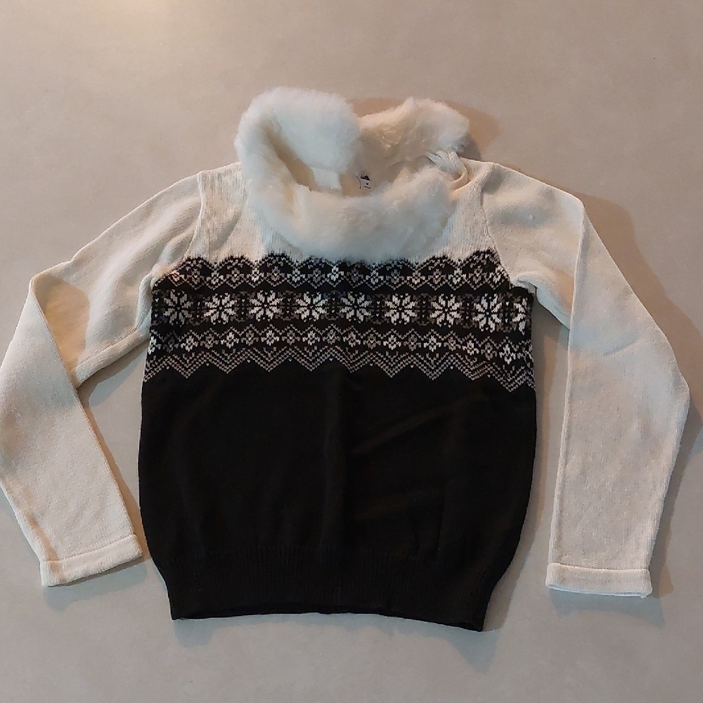 Janie and Jack Black and White Sweater with Faux Fur Collar